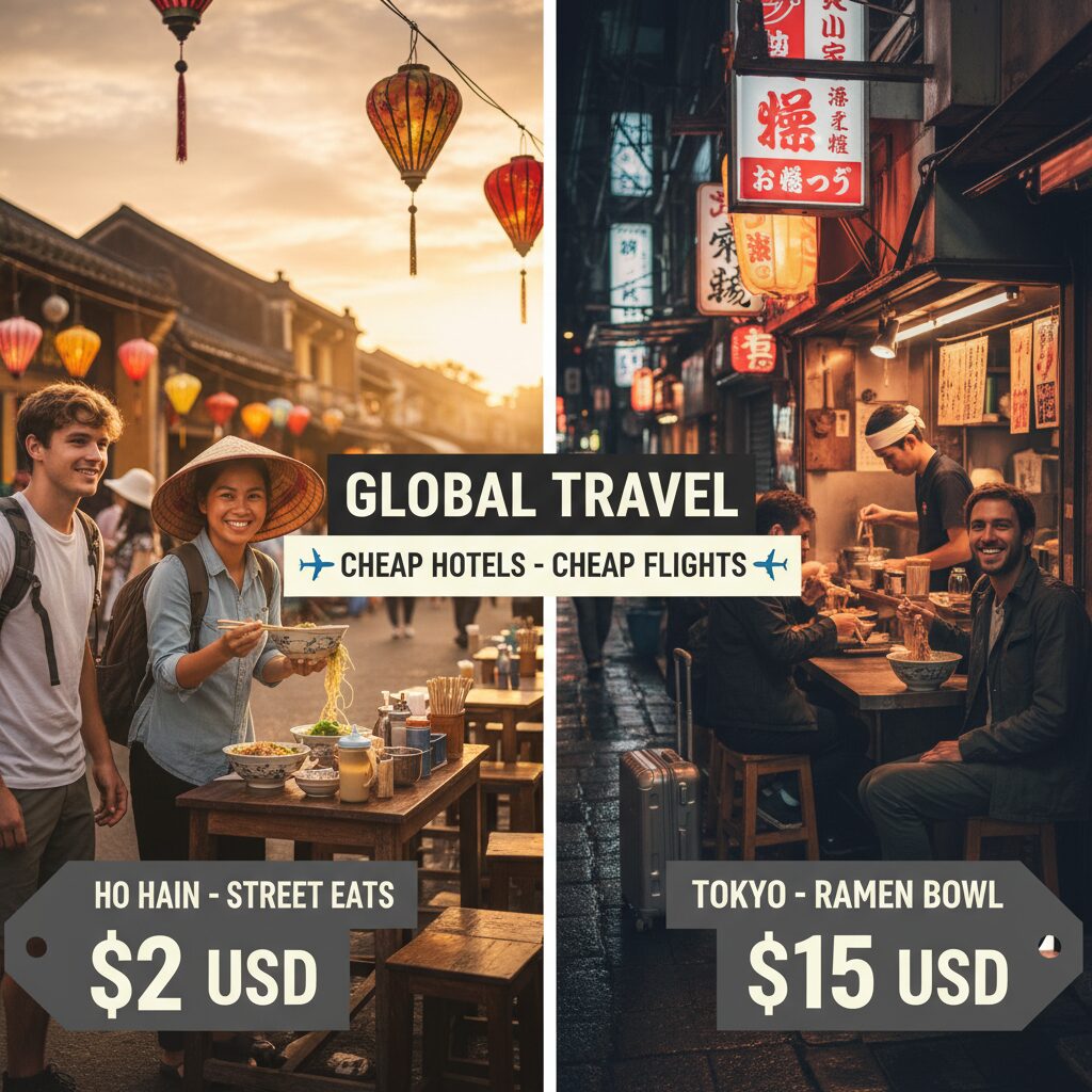 A split screen comparison showing a street food stall in Hoi An versus a ramen shop in Tokyo, with price tags overlayed