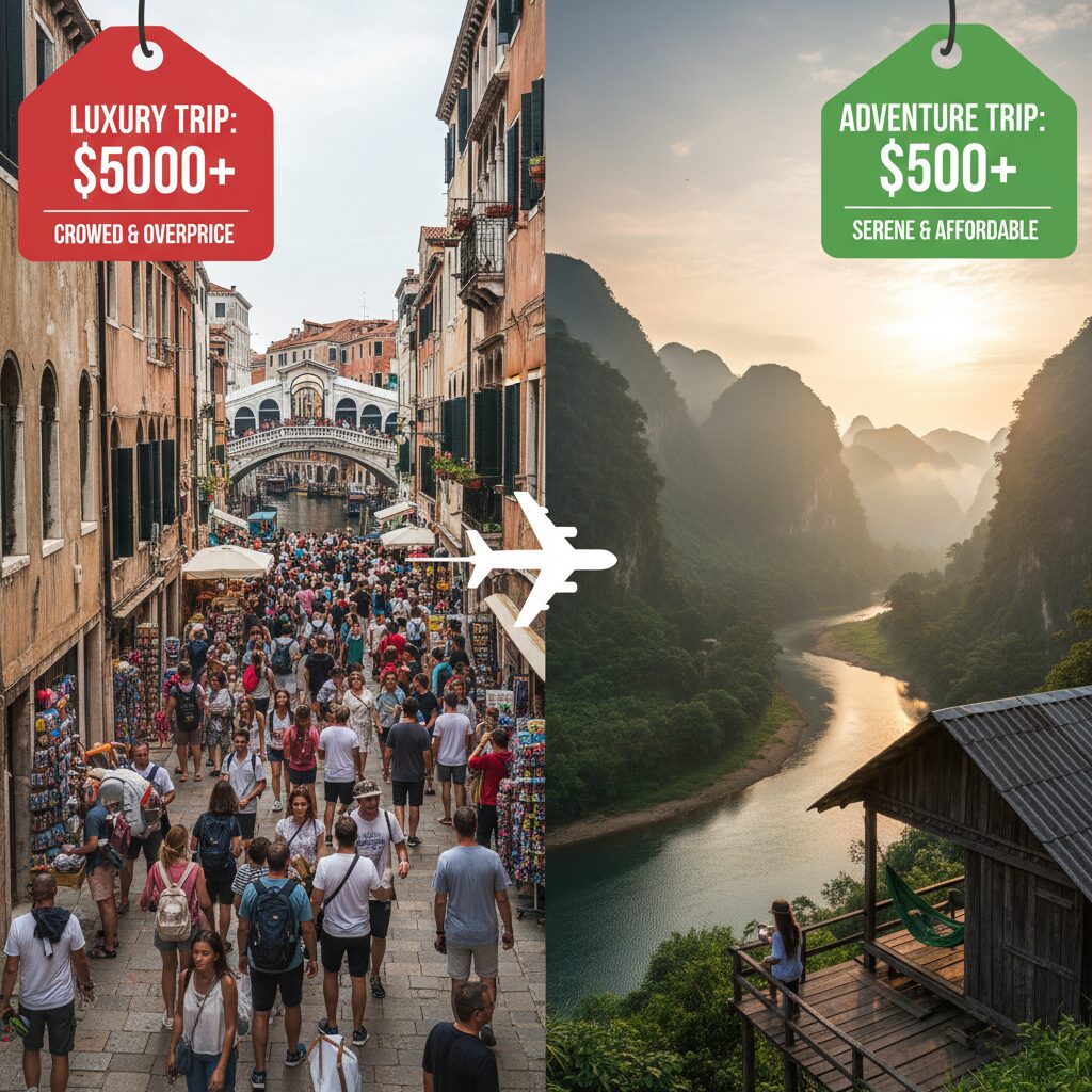 A split-screen comparison image. Left side shows a crowded, expensive tourist trap with a high price tag overlay. Right side shows a stunning, serene landscape in Laos or Kazakhstan with a low price tag overlay, symbolizing value for money.
