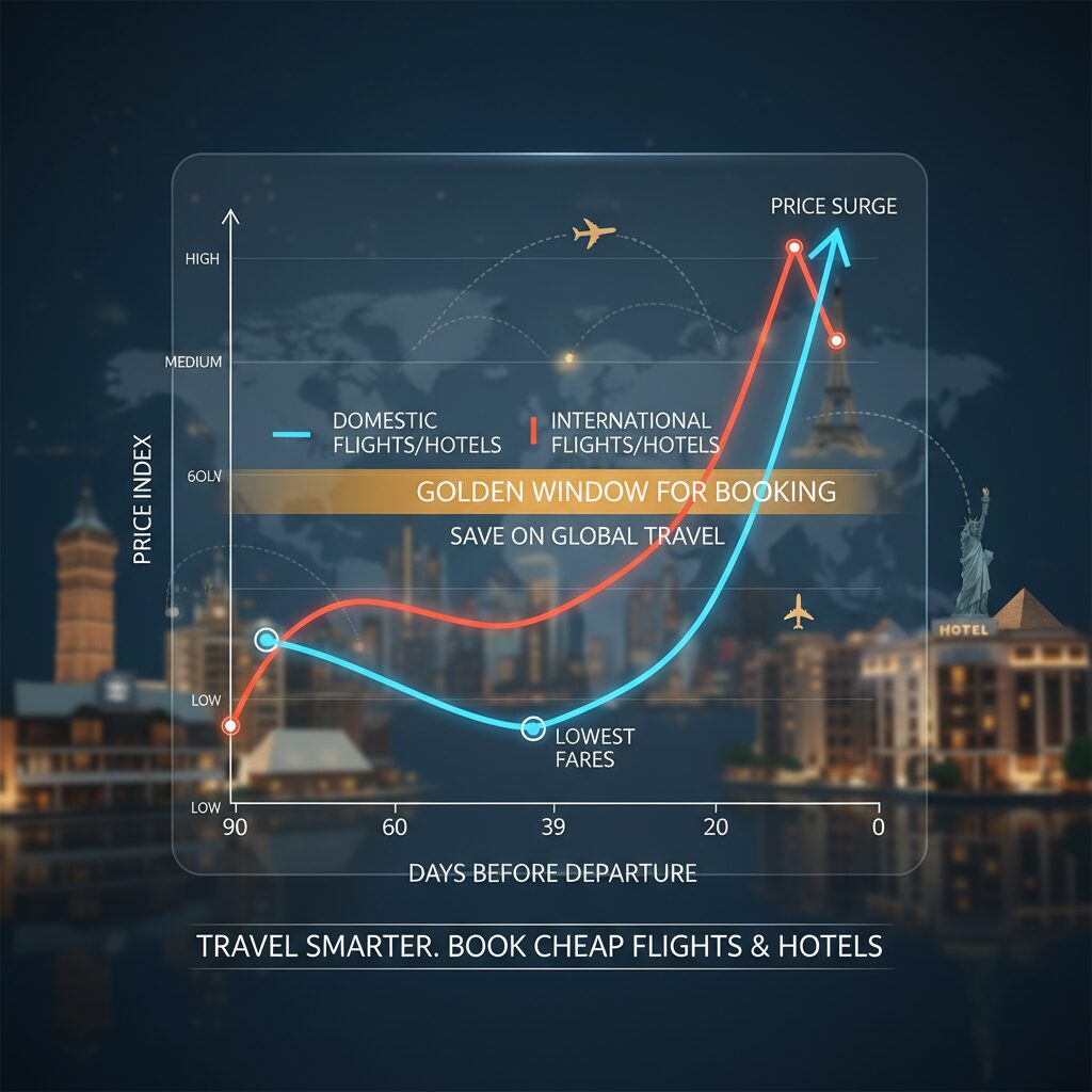 A line graph visualizing the 'Golden Window' of booking. The X-axis shows days before departure (90 to 0). The line shows high prices at 90, a dip to the lowest point at 39 days (domestic) and 60 days (intl), and a sharp spike at 0 days.