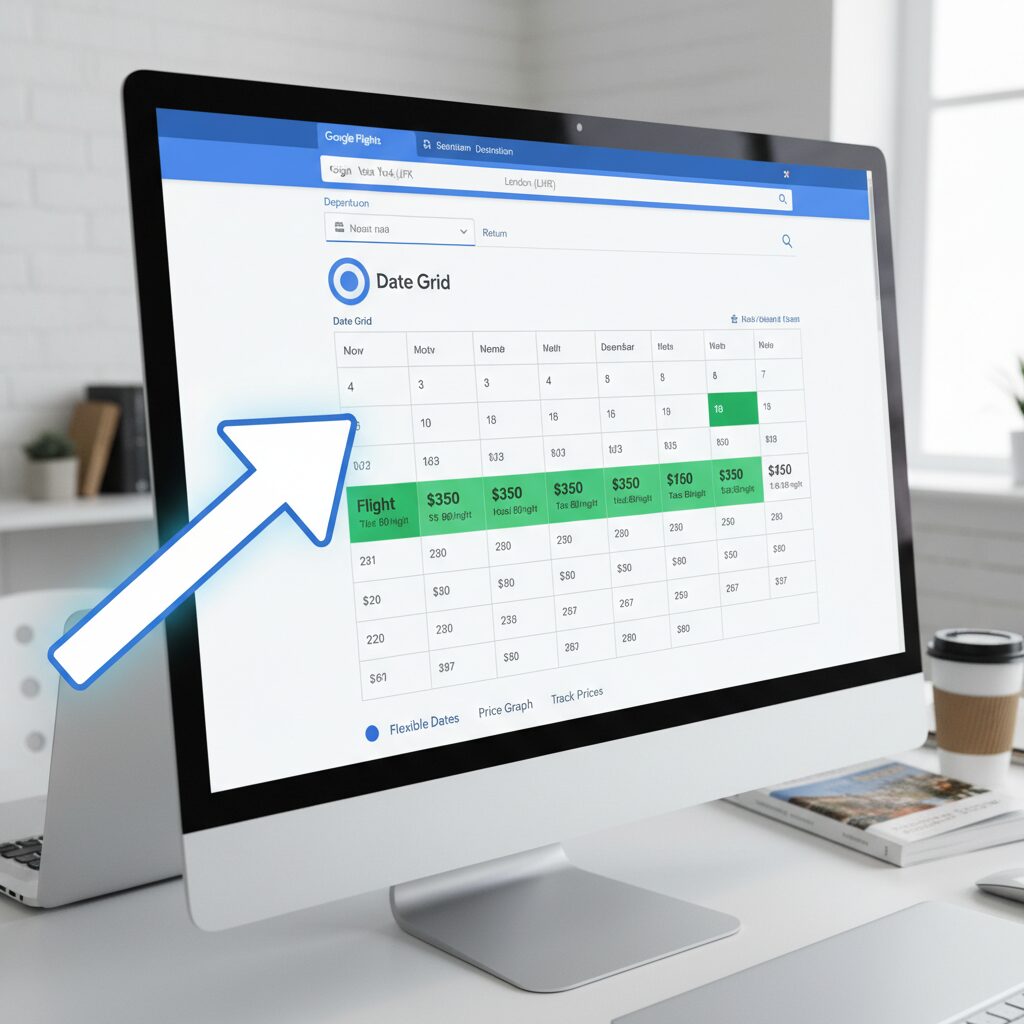 The Google Flights "Date Grid" view. A matrix of dates shows prices, with specific dates highlighted in bright green indicating the lowest fares. An arrow points to the "Date Grid" button.