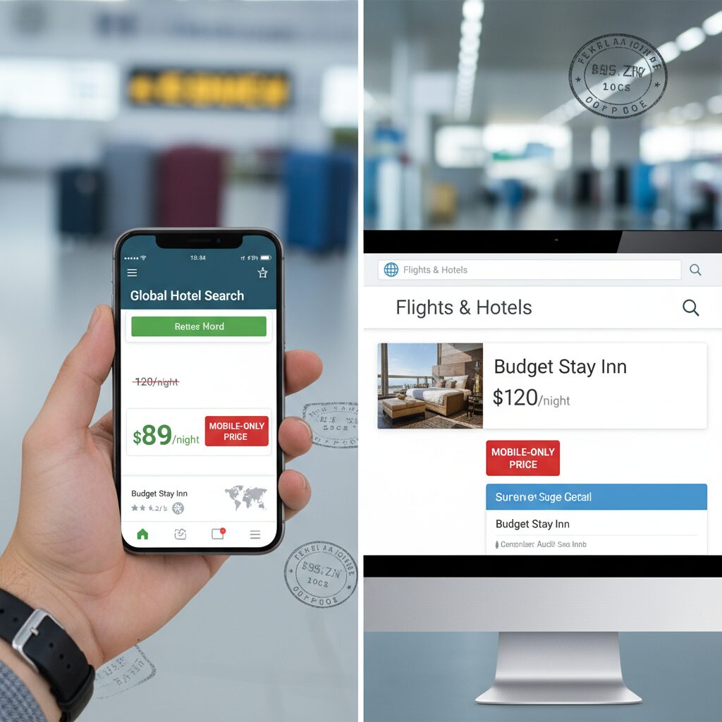 A split-screen comparison screenshot showing a hotel price on a mobile screen versus a desktop screen, highlighting the 'Mobile-only price' discount badge