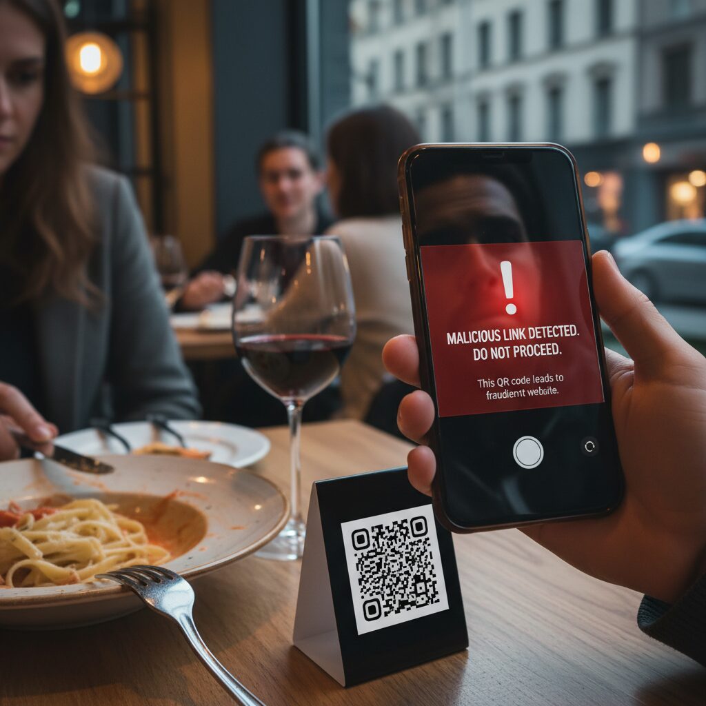 Close up of a smartphone scanning a QR code on a restaurant table, with a red warning overlay on the phone screen indicating a malicious link.