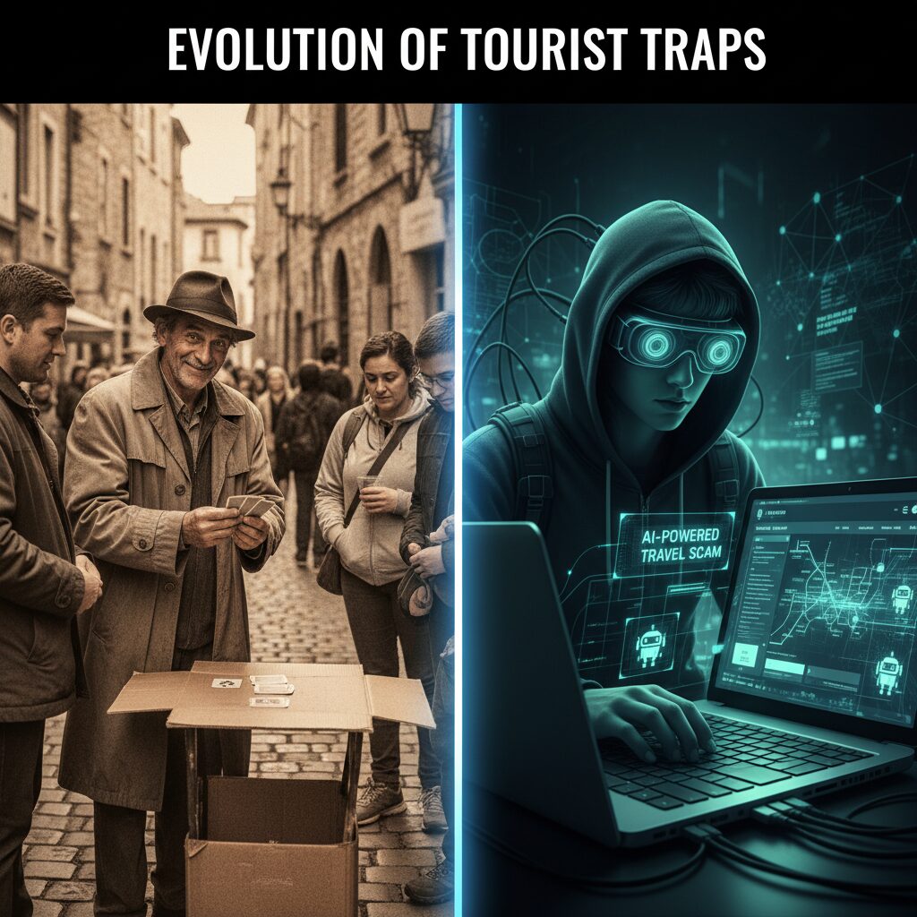 A split-screen illustration showing a classic street scammer on the left and a digital hacker using AI on the right, representing the evolution of tourist traps.