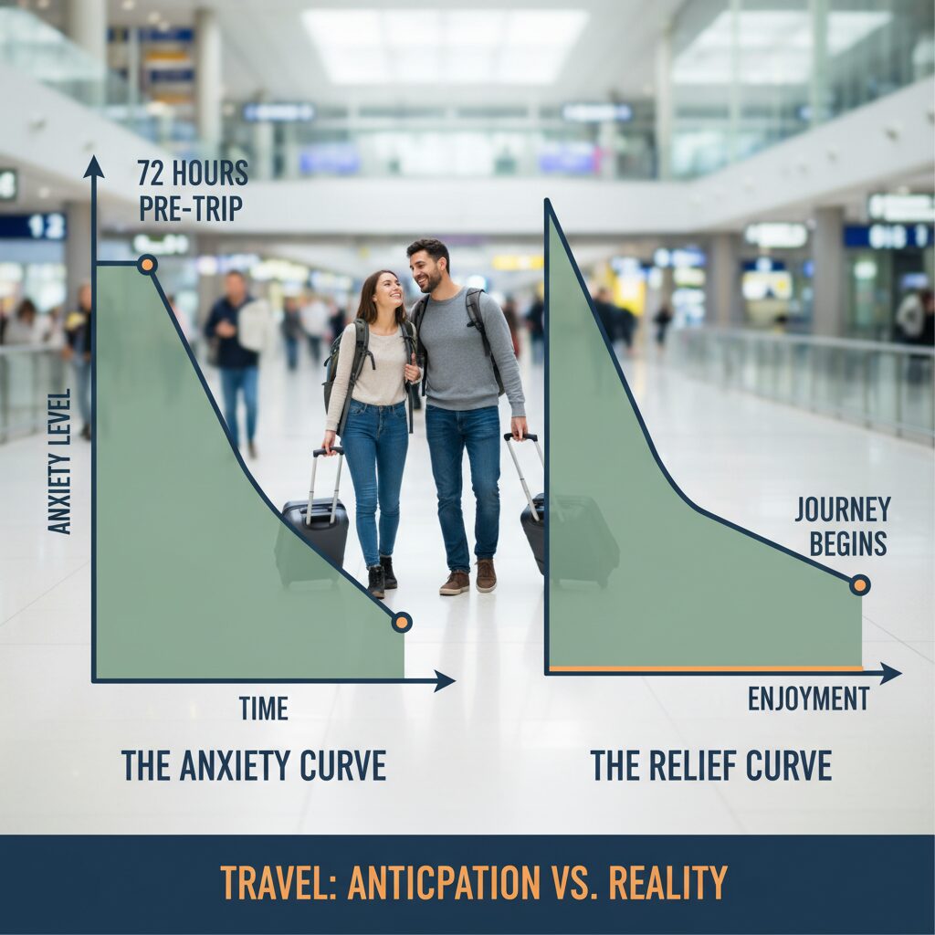 An infographic comparing the "Anxiety Curve" showing a peak 72 hours pre-trip versus the sharp drop-off once the journey begins
