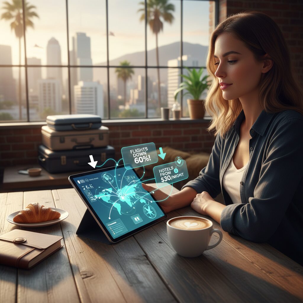 A digital nomad analyzing flight paths on a tablet with a coffee on a rustic wooden table, overlay graphics showing price drops