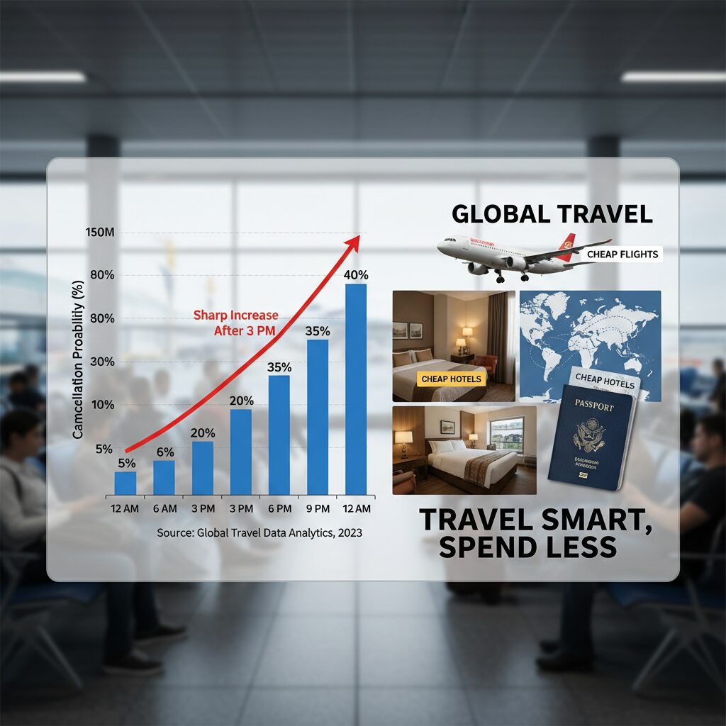 Bar chart comparing cancellation probabilities by time of day, showing a sharp increase after 3 PM.