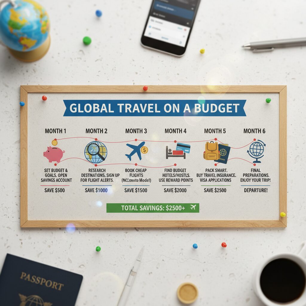 A visual roadmap graphic showing a 6-month timeline with savings milestones and actions to take at each stage