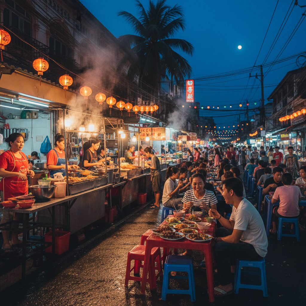 A vibrant, busy night market scene in Southeast Asia with steam rising from food stalls and locals eating at small plastic tables, capturing the essence of authentic dining.