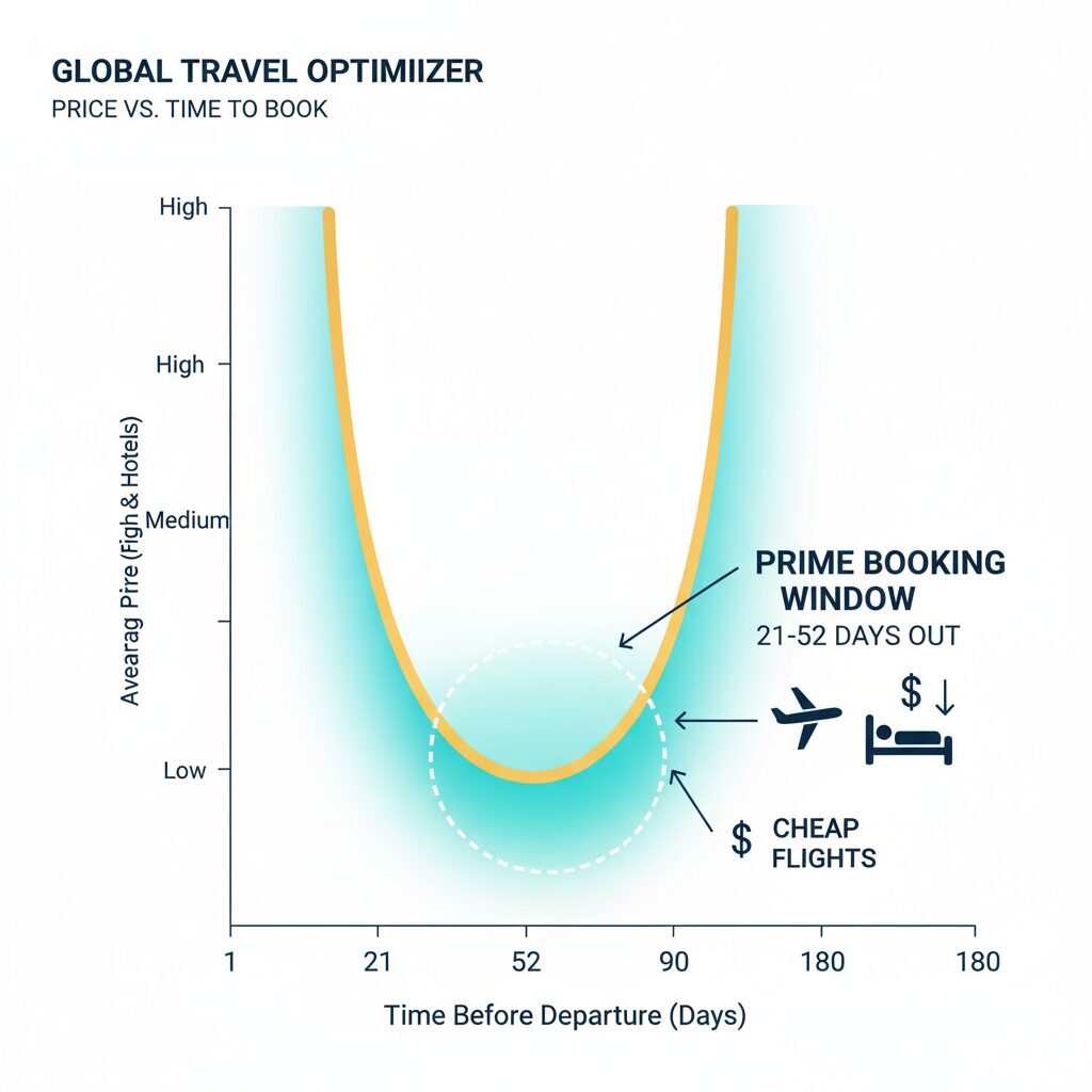 A conceptual illustration of a "Price vs. Time" graph, showing a U-shaped curve where the lowest point is highlighted as the "Prime Booking Window" labeled "21-52 Days Out".