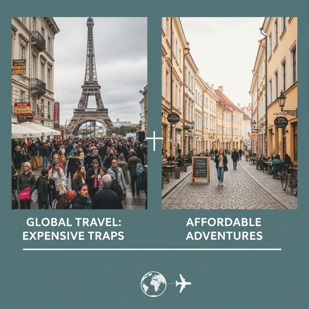 A split image showing a crowded, expensive tourist trap in Paris versus a serene, affordable street in Vilnius, contrasting the costs