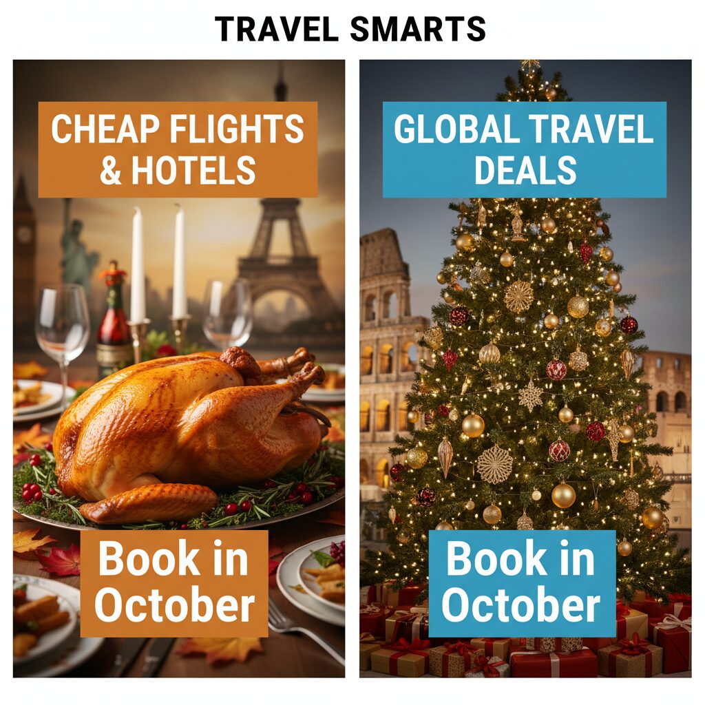A split-screen graphic. Left side: Thanksgiving turkey with "Book in October". Right side: Christmas tree with "Book in October".