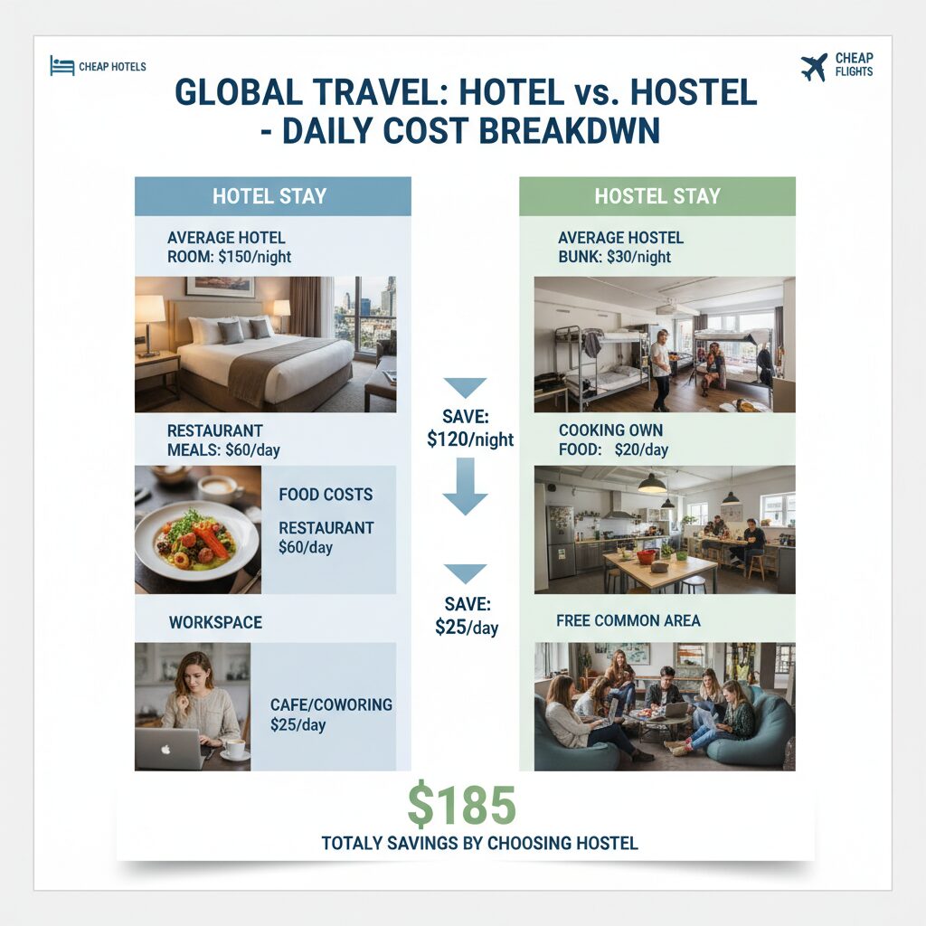Visual breakdown of 'Daily Cost of Living' comparing Hotel vs Hostel. Section 1: Room rate. Section 2: Food costs (Restaurant vs Kitchen). Section 3: Workspace (Cafe/Coworking vs Free Hostel Common Area). Showing total daily savings.