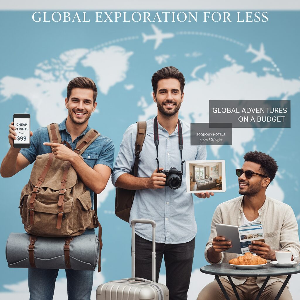 Three distinct travelers side-by-side representing the three tiers: one with a backpack, one with a suitcase and camera, and one relaxing at a café