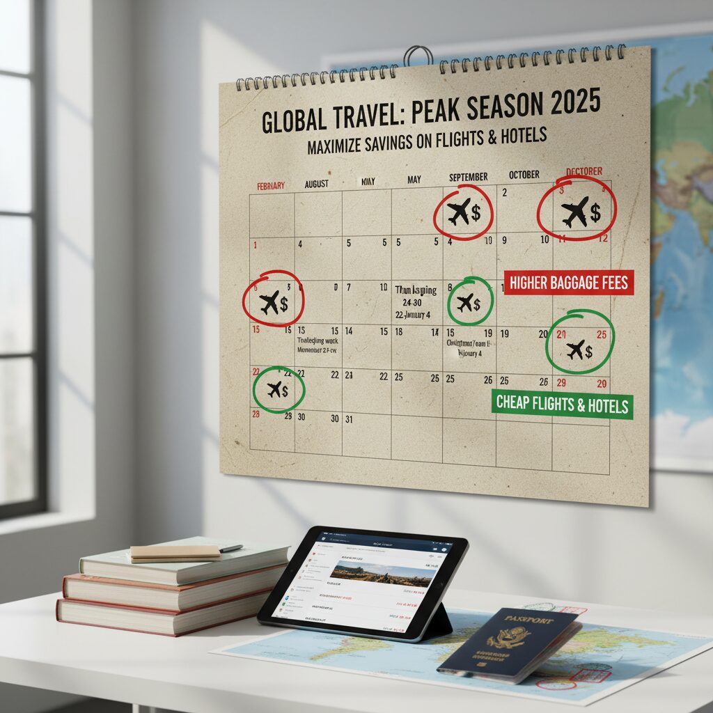 A calendar graphic highlighting "Peak" travel dates for 2025 where baggage fees are higher, such as July, August, and major holidays.