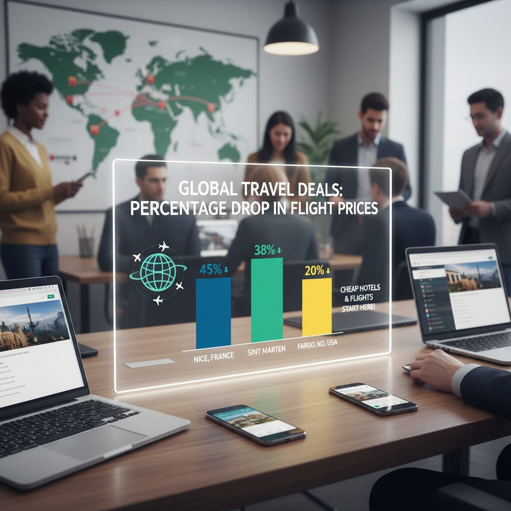 A bar chart showing the percentage drop in flight prices for Nice, Sint Maarten, and Fargo