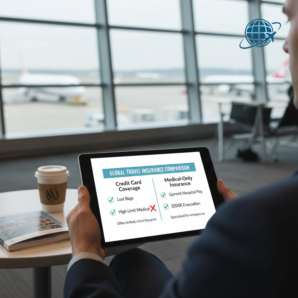 A comparison chart. Left column: 'Credit Card Coverage' with checkmarks for Lost Bags and Cancellation, but a red X for 'High Limit Medical'. Right column: 'Medical-Only Insurance' with green checkmarks for 'Upfront Hospital Pay' and '$500k Evacuation'.