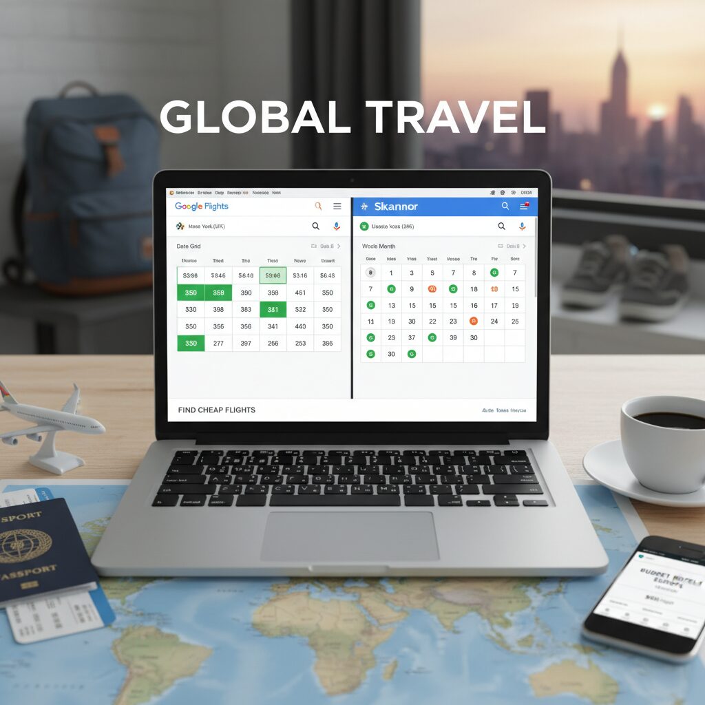 Screenshot comparison of Google Flights "Date Grid" and Skyscanner's "Whole Month" view.