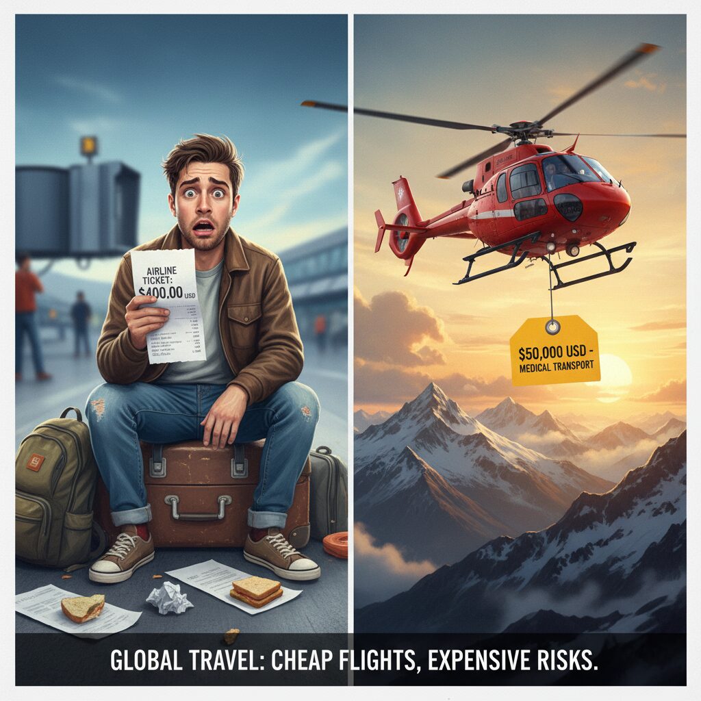 A split screen illustration. On the left, a frustrated traveler looking at a $400 airline receipt. On the right, a medical helicopter with a price tag reading '$50,000'.