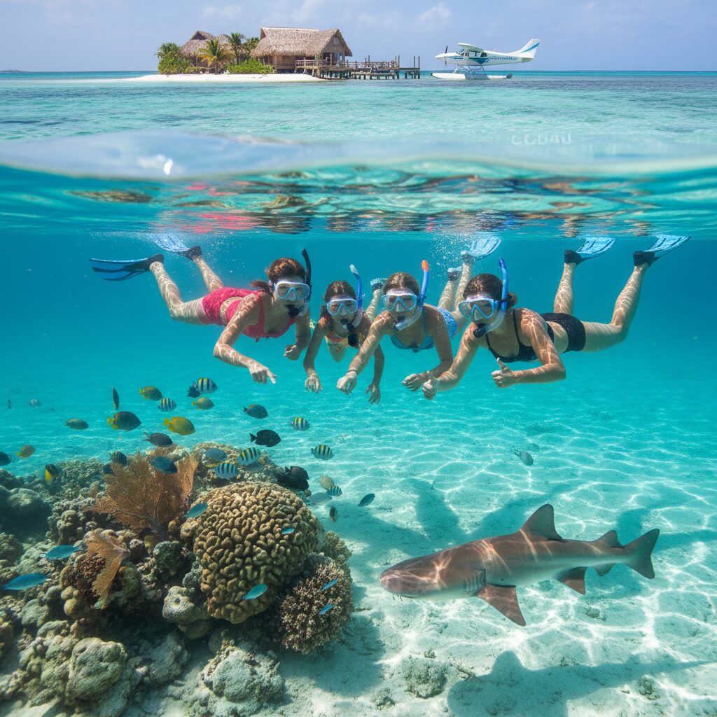 A family snorkeling in the crystal clear waters of Belize near the barrier reef