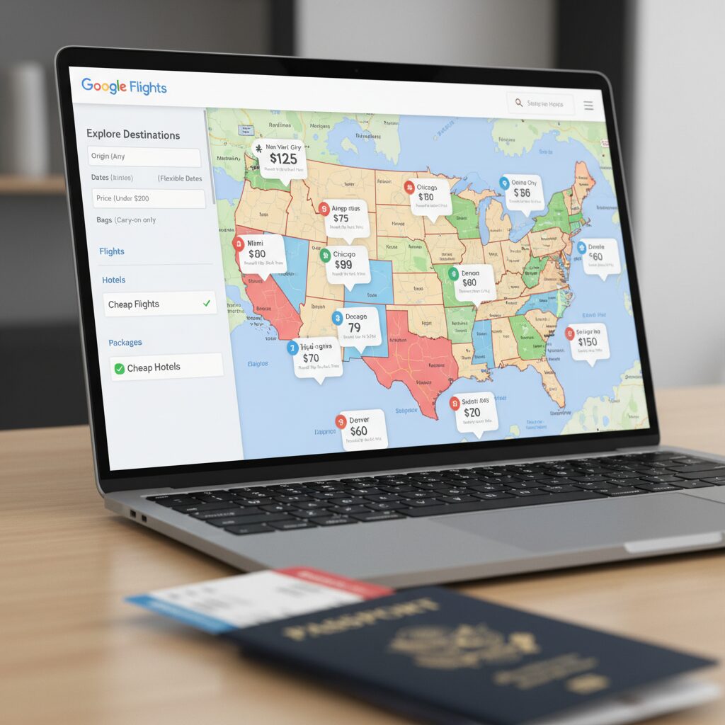 A screenshot mockup of the Google Flights Explore tool showing a map of the United States with various price tags popping up over different cities.