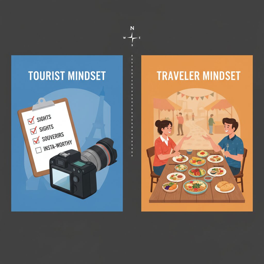 A split-screen graphic comparing "Tourist Mindset" vs. "Traveler Mindset". The tourist side shows a checklist and a camera; the traveler side shows a conversation and a shared meal. Infographic style.