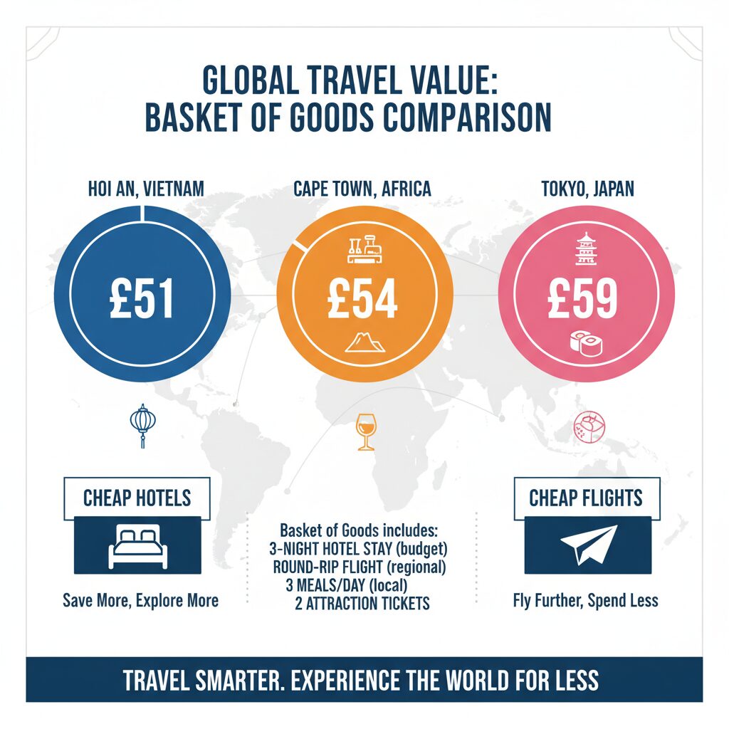 An infographic chart comparing the cost of a "Basket of Goods" in Hoi An (£51) vs. Cape Town (£54) vs. Tokyo (£59), visualizing the value.