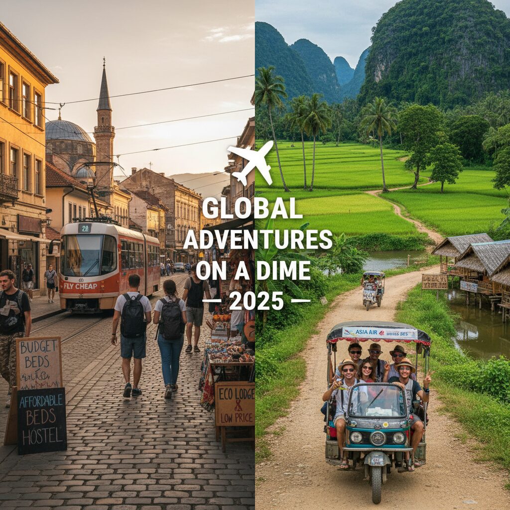 A vibrant, split-screen collage showing the historic streets of Sarajevo on one side and the lush landscapes of Laos on the other, symbolizing the diversity of budget travel in 2025.