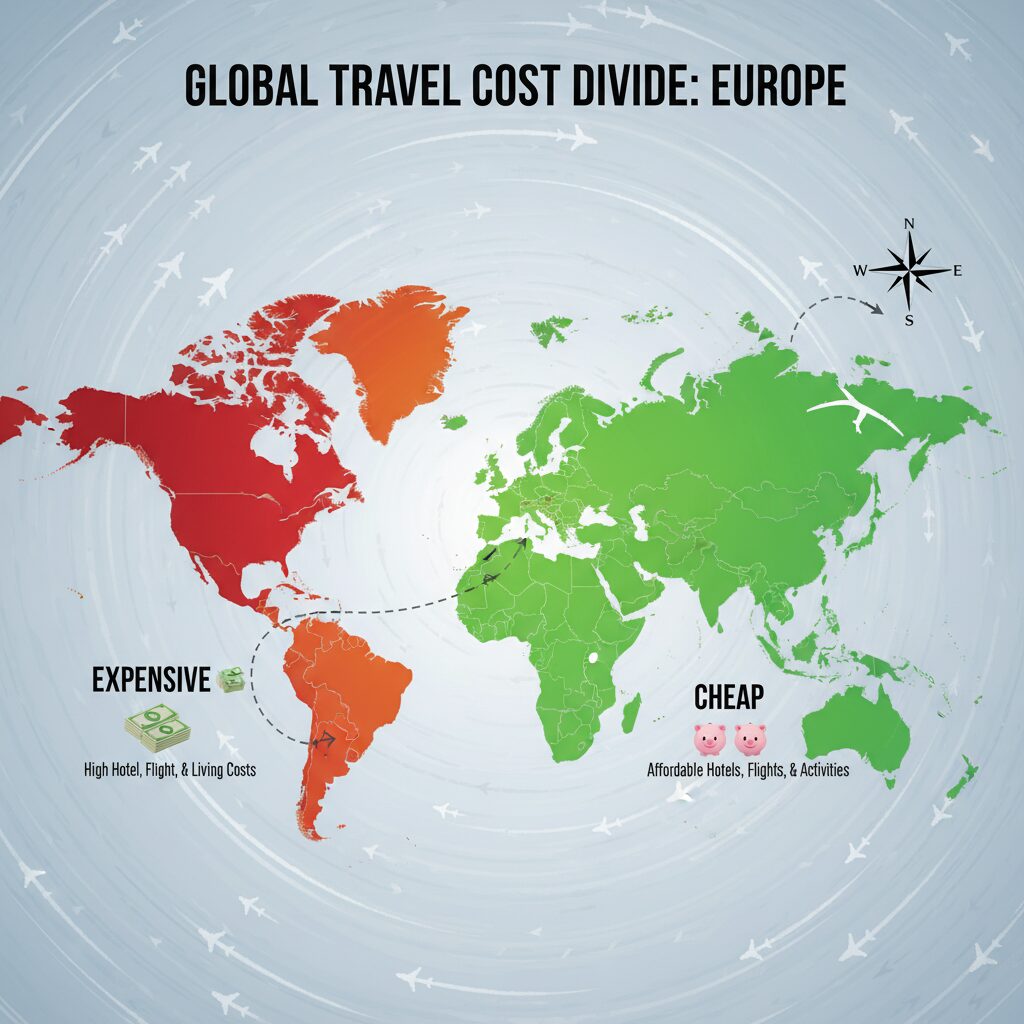 A heatmap of Europe showing "Red Zones" (Expensive: UK, France, Switz) and "Green Zones" (Cheap: Portugal, Balkans, Poland) to visualize the cost divide.