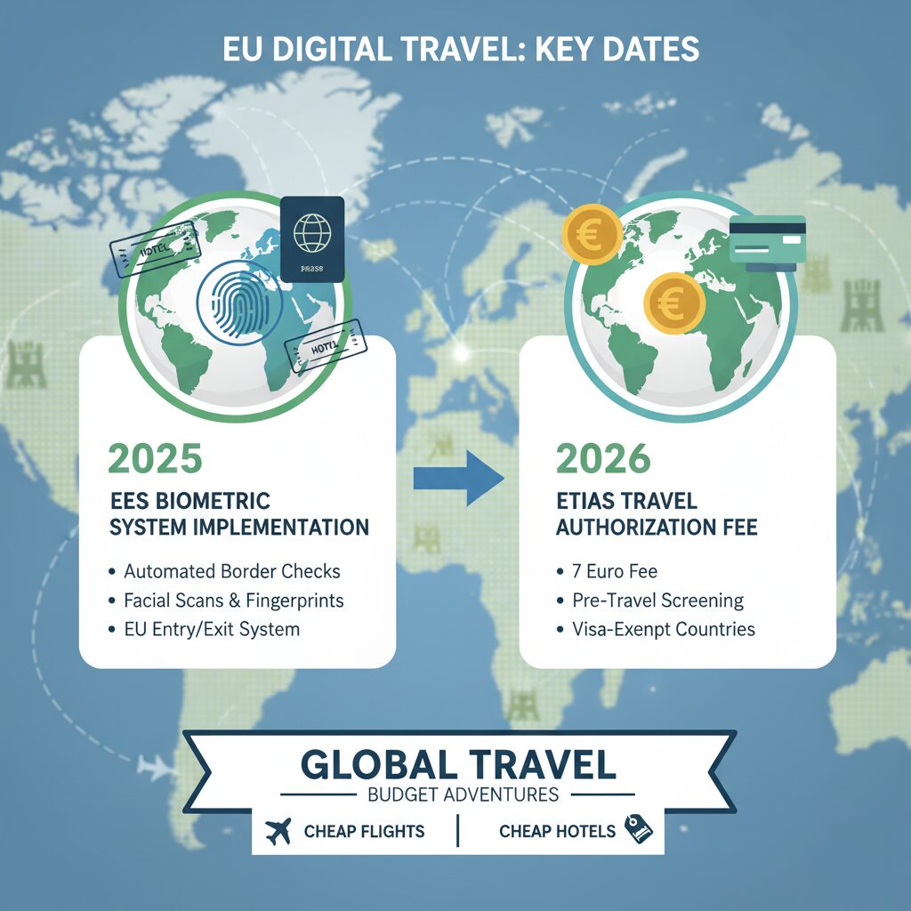 An infographic illustrating the timeline difference between the EES biometric system implementation in 2025 and the ETIAS fee implementation in 2026.