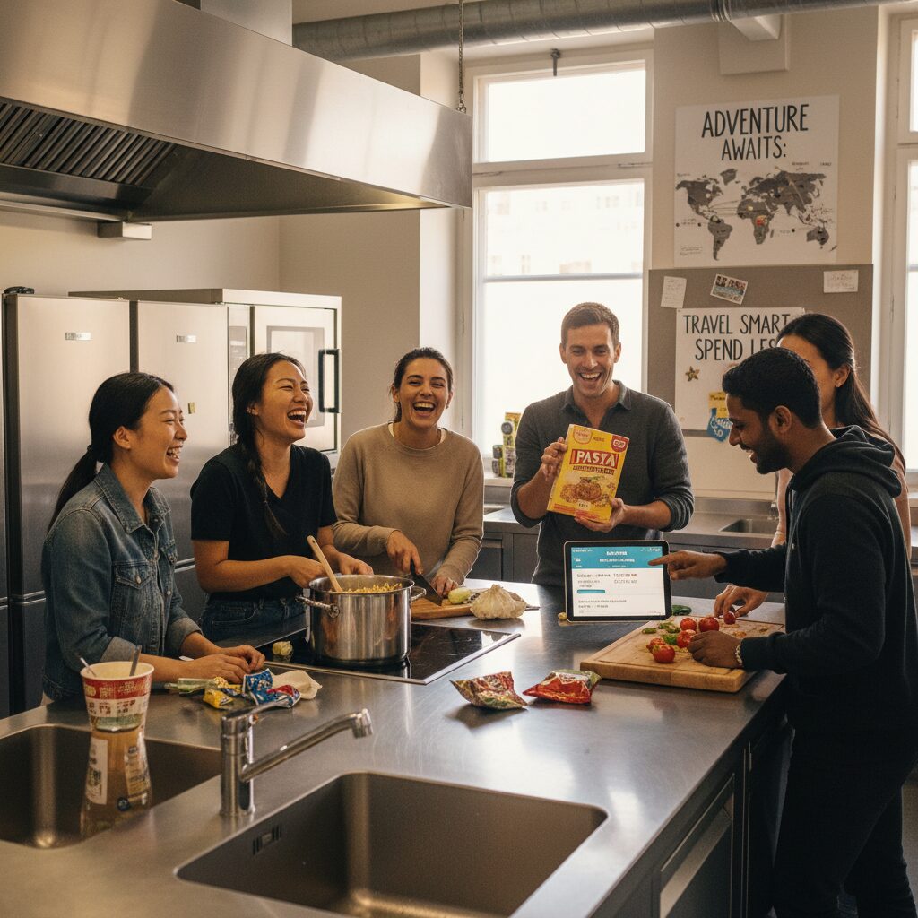 A clean, modern communal hostel kitchen with stainless steel appliances. A group of diverse travelers are cooking pasta together and laughing, illustrating the social and cost-saving aspect.