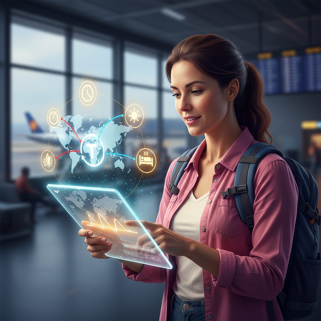 A conceptual illustration of a traveler using the Timeshifter app, with icons representing circadian rhythms, sunlight, and caffeine, depicting the science of jet lag management