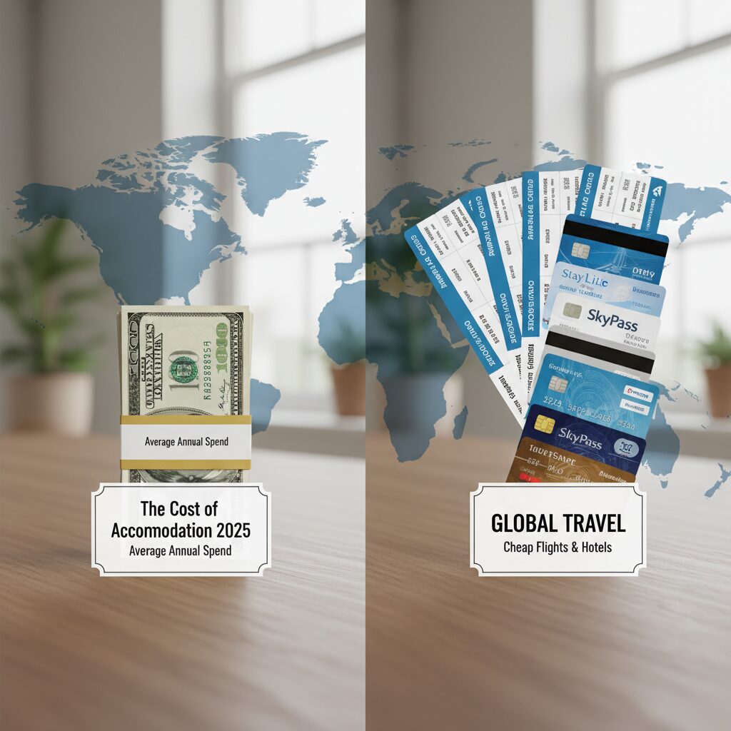 A comparative graphic showing a stack of cash ($1700) vs. a stack of airline tickets and loyalty cards, labeled "The Cost of Accommodation 2025"
