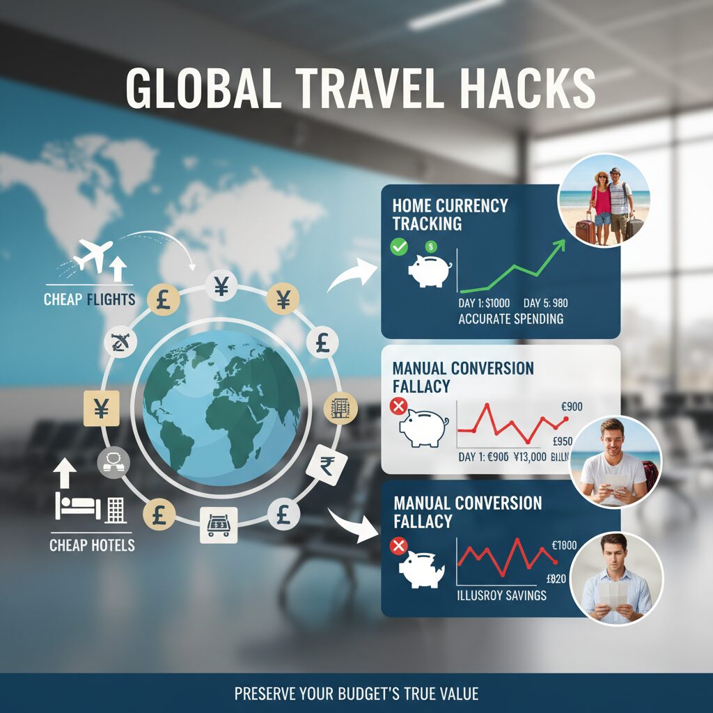 Infographic illustrating the "Home Currency Fallacy," showing how tracking in local currency preserves accuracy compared to manual conversion.