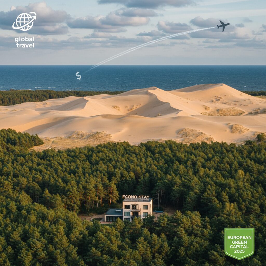 A breathtaking landscape shot of the Curonian Spit in Lithuania, highlighting the sand dunes and forest, representing the European Green Capital 2025.