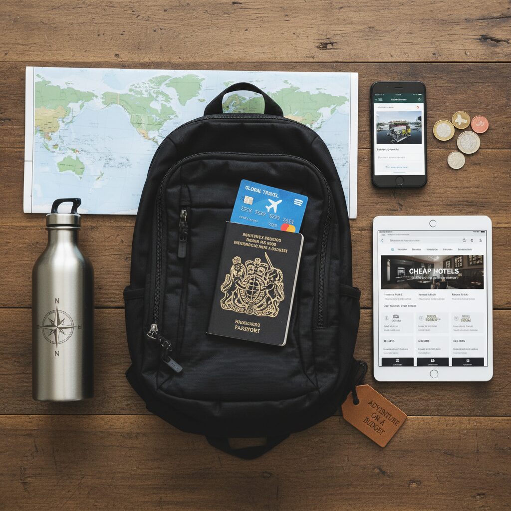 A flat-lay photograph of travel essentials including a passport, a debit card, a reusable water bottle, and a compact 40L backpack