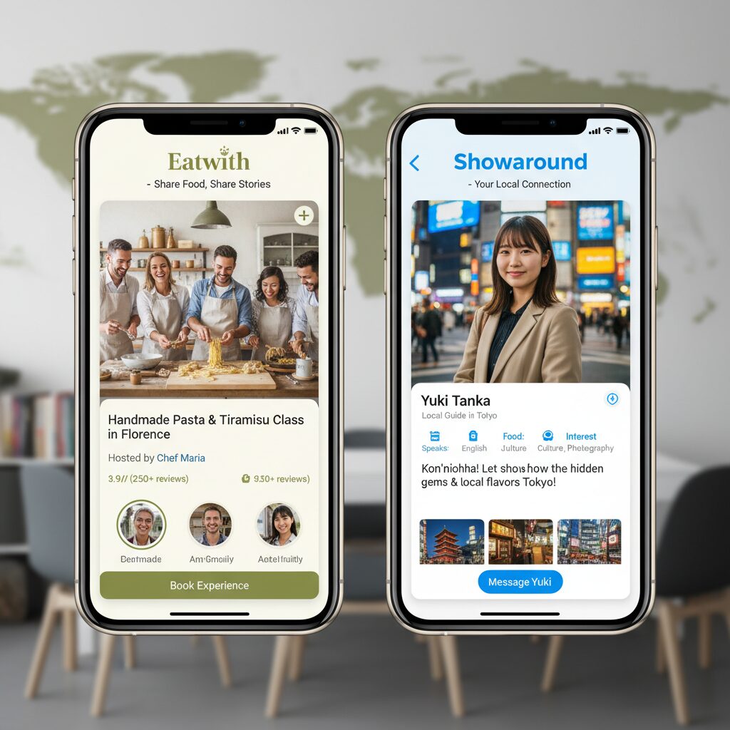 A screenshot montage of the Eatwith app interface showing a cooking class in Italy, and the Showaround app profile of a local guide in Tokyo. Clean, modern interface design.