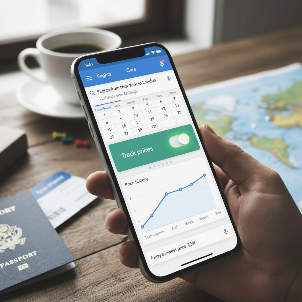 A screenshot of the Google Flights interface highlighting the "Track prices" toggle switch and the price history graph.