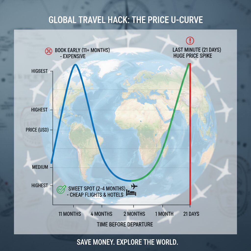 Infographic illustrating the "Price U-Curve" showing high prices 11 months out, lowest prices 2-4 months out, and a sharp vertical spike 21 days before departure.