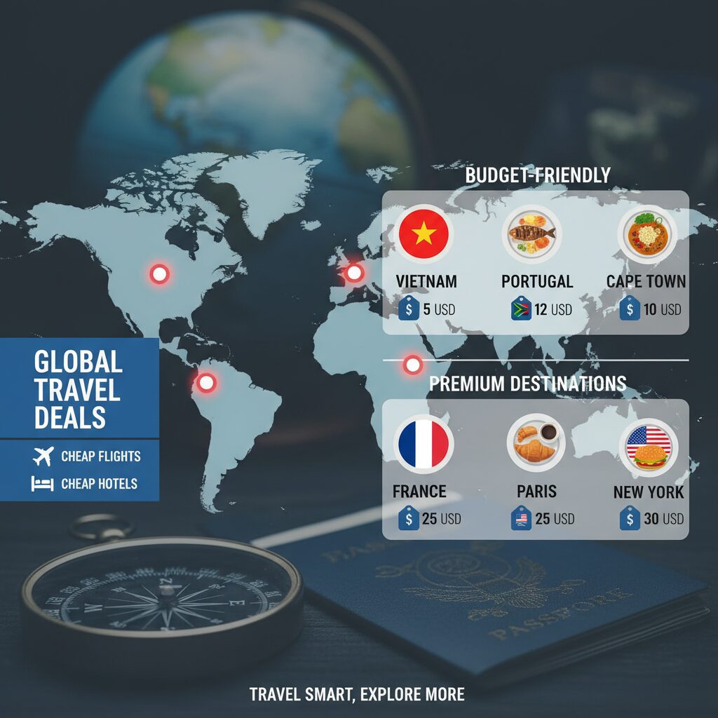 A comparative infographic map showing the price of a standard meal in Vietnam, Portugal, and Cape Town vs. Paris and New York.