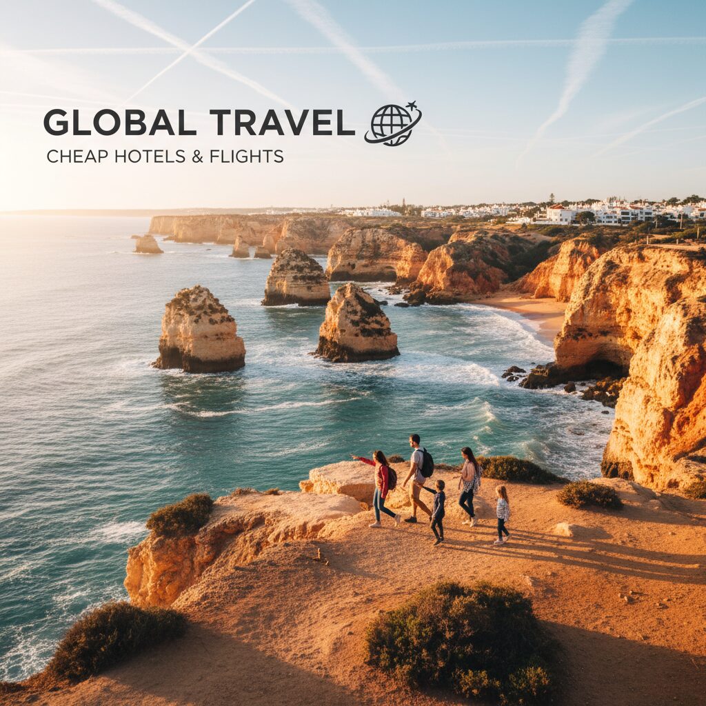 A family walking along the golden cliffs of the Algarve, Portugal, at sunset