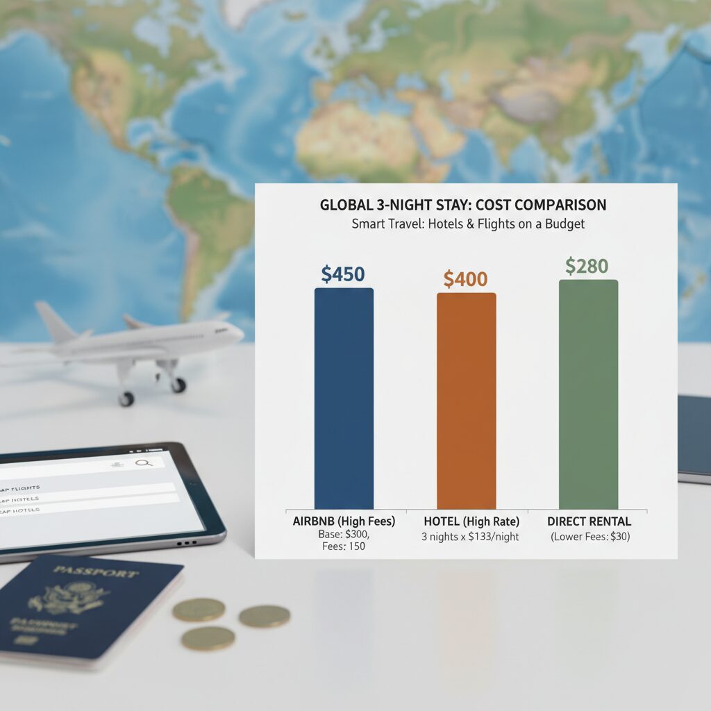 A chart comparing the total cost of a 3-night stay: Airbnb (high fees) vs Hotel (high rate) vs Direct Rental (lower total)