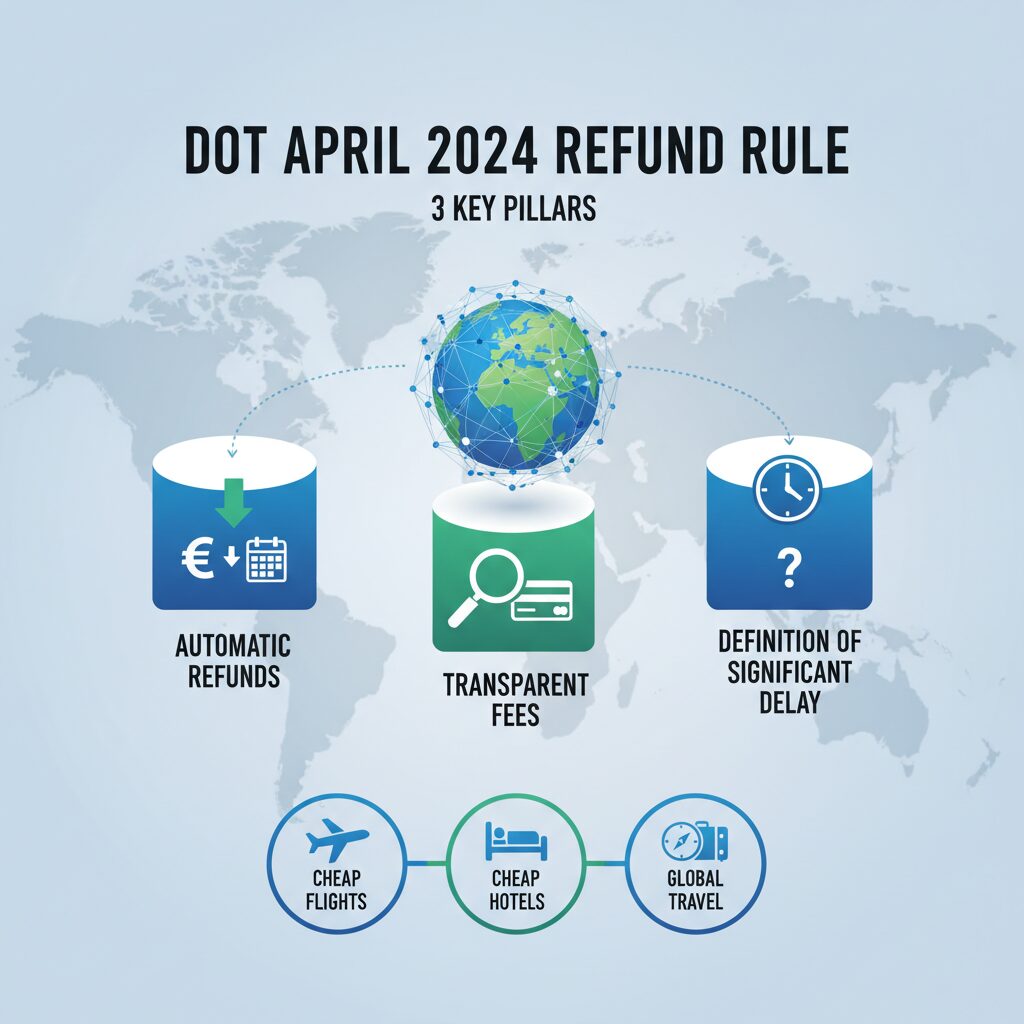 Infographic summarizing the 3 key pillars of the DOT April 2024 Refund Rule: Automatic Refunds, Transparent Fees, and Definition of Significant Delay.