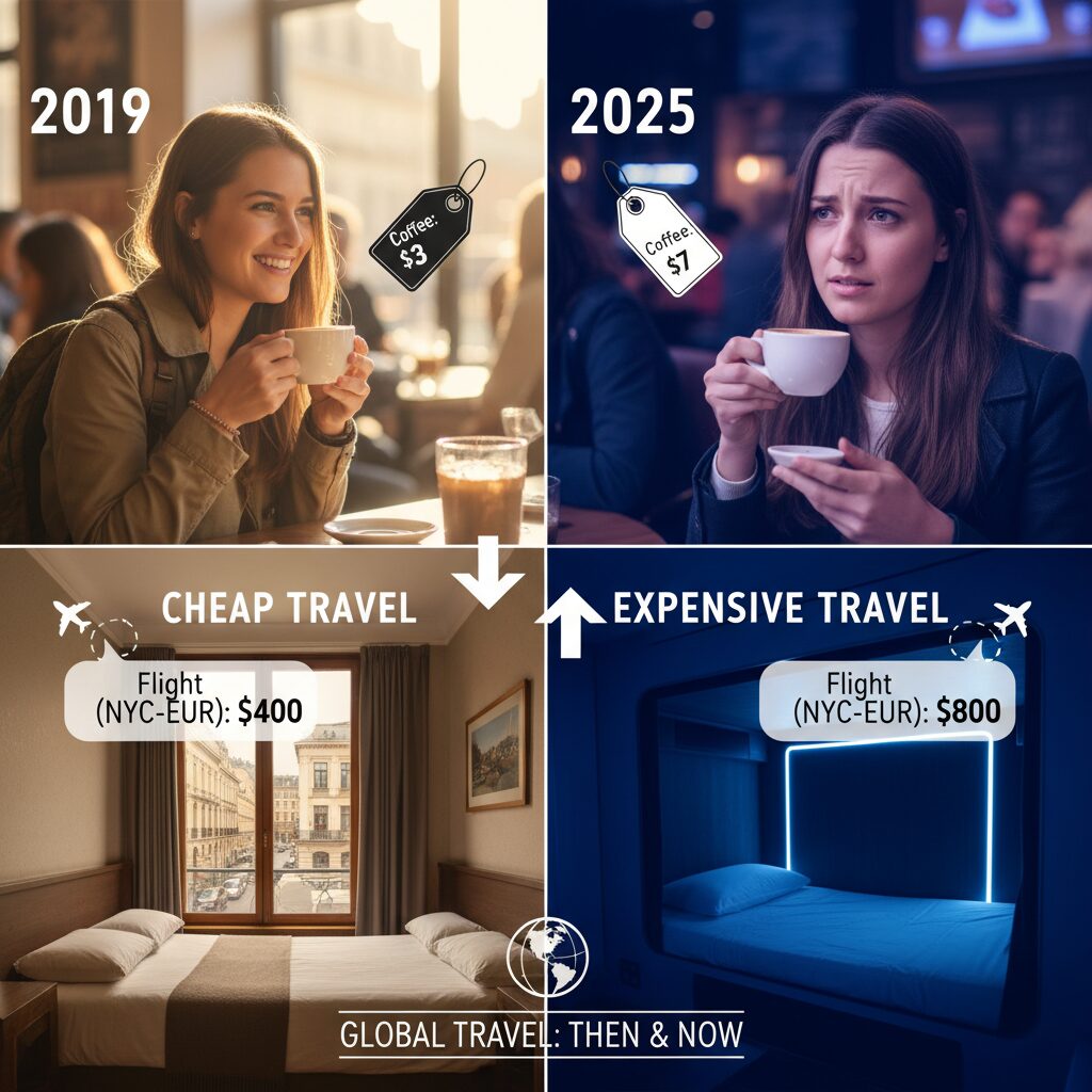 A split-screen comparison showing a traveler in 2019 vs 2025, highlighting price differences in common items like coffee and accommodation