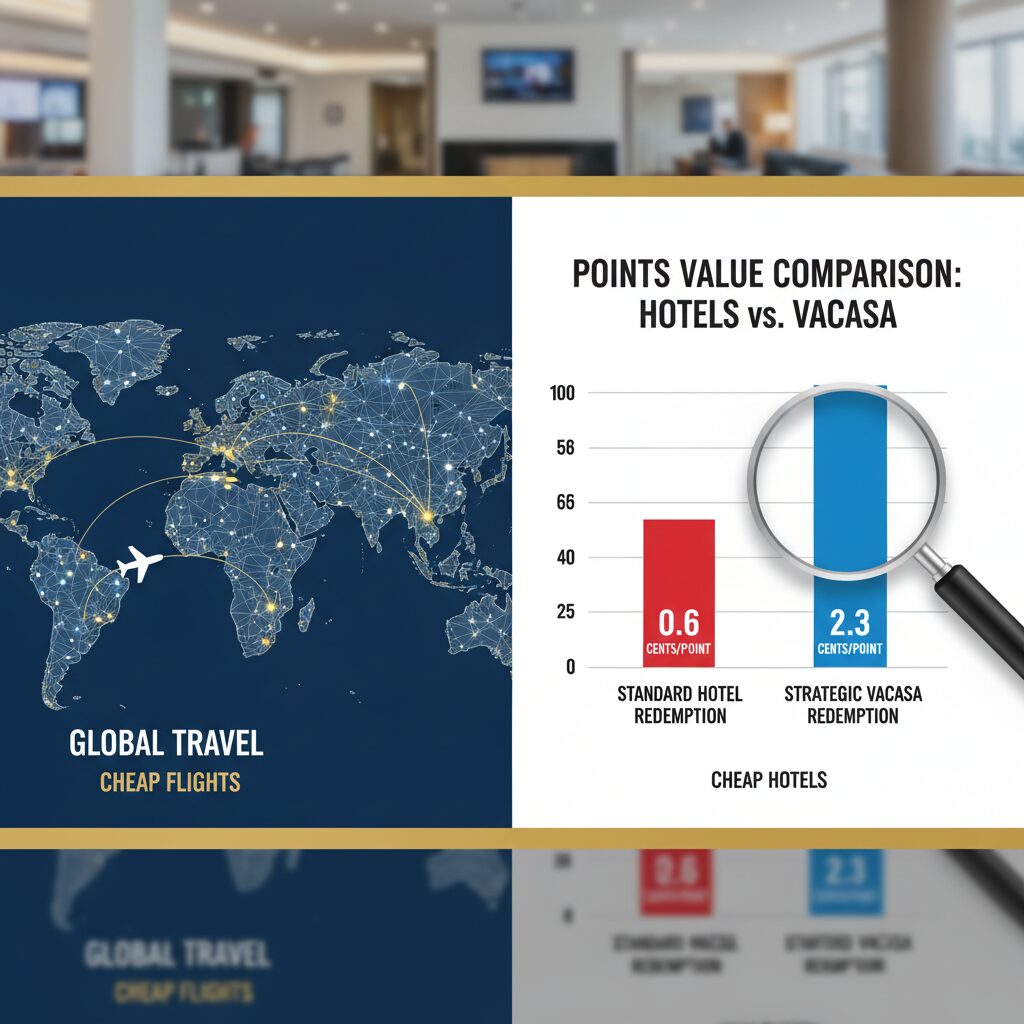 A chart comparing the "Points Value" of a standard hotel redemption (0.6 cents/point) versus a strategic Vacasa redemption (2.3 cents/point)