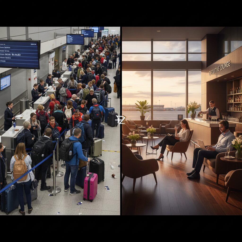 A split screen showing a chaotic, crowded boarding gate versus a serene, quiet airport lounge