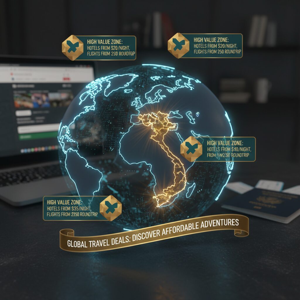 A world map visualization highlighting Vietnam, Bulgaria, Portugal, and Florida with price tags indicating 'High Value Zones'