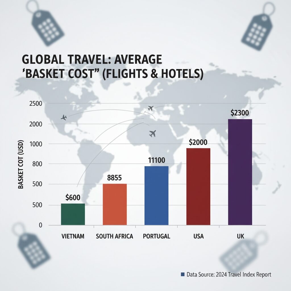 A bar graph comparing the "Basket Cost" of Vietnam, South Africa, Portugal, vs. USA and UK