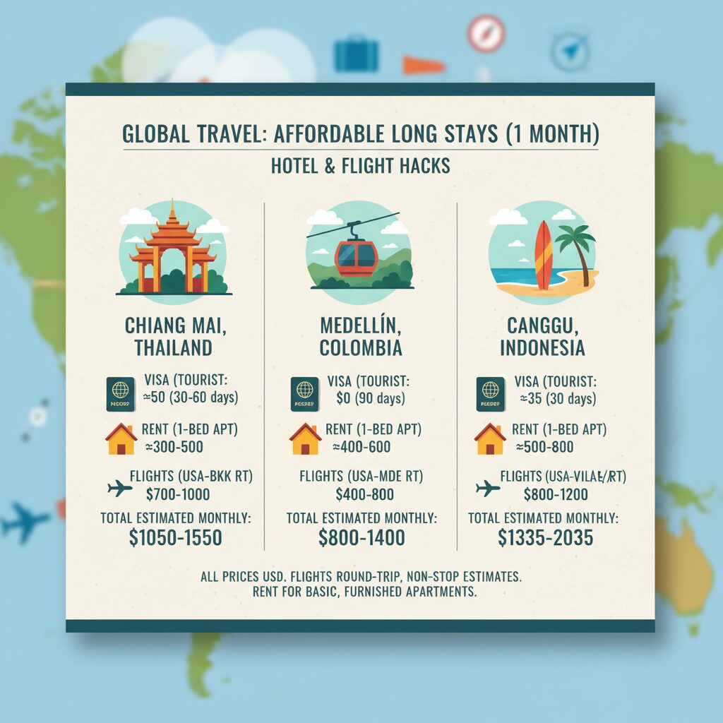 A comparative infographic showing the cost breakdown of a 1-month stay in Chiang Mai vs. Medellin vs. Canggu, highlighting visa fees and rent