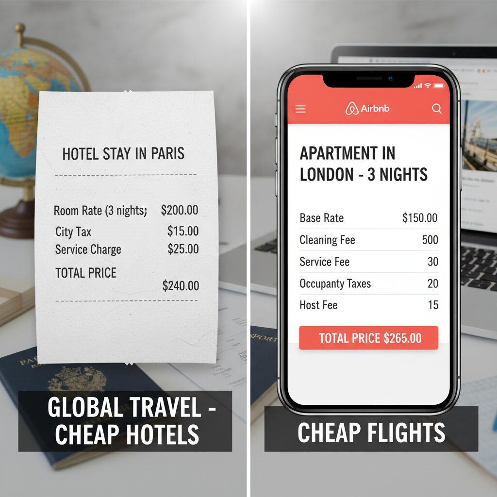 A split screen graphic showing a hotel room bill versus an Airbnb checkout screen with high fees, illustrating the 'Total Price' confusion