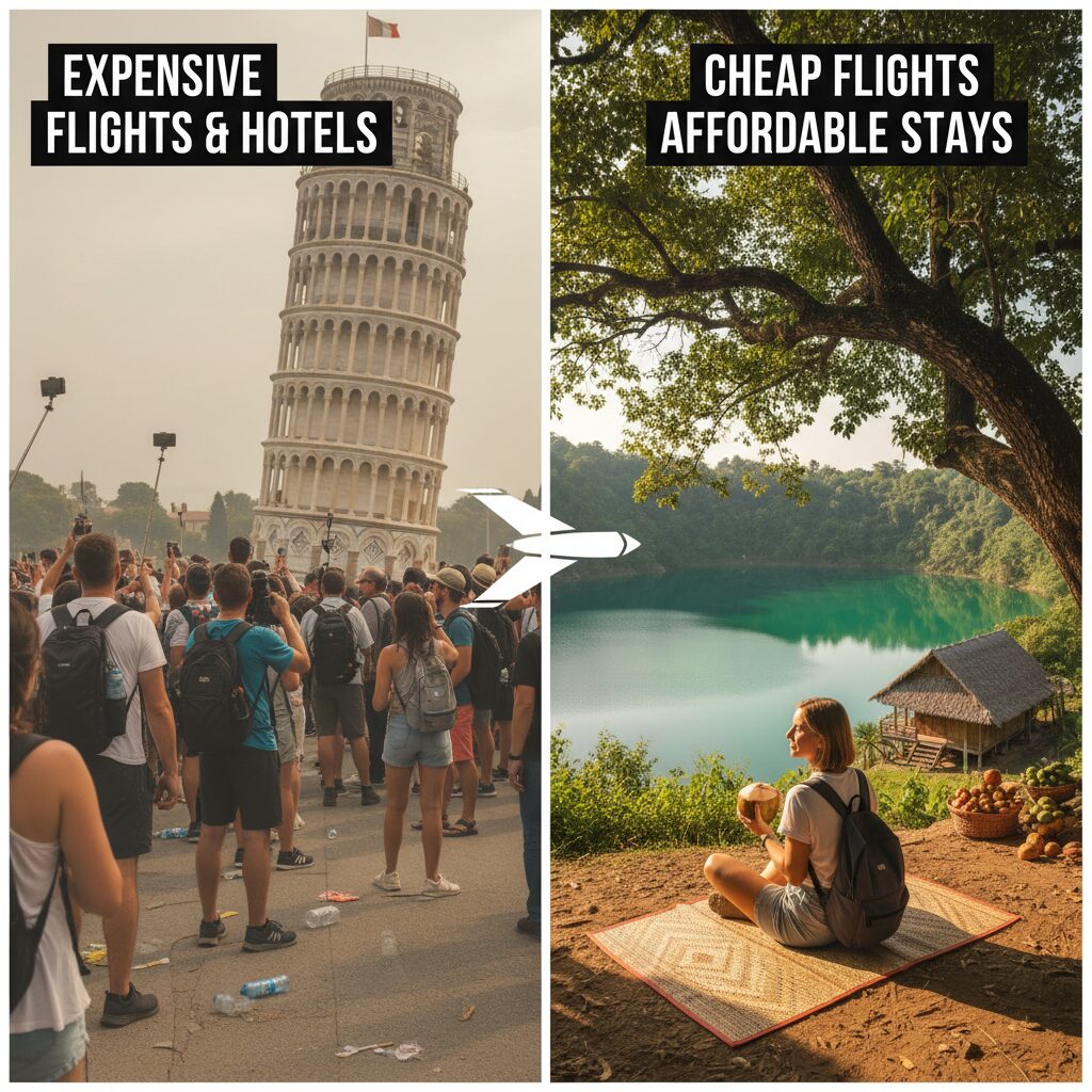 A split screen comparison image showing a crowded, expensive tourist site on the left versus a serene, affordable 'detour destination' on the right, representing smart travel choices.